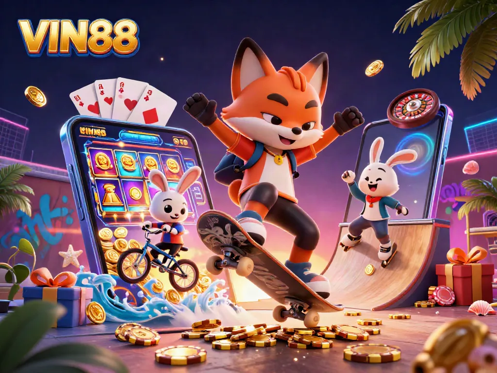Experience the thrill of VIN88 with dynamic gambling elements and vibrant characters in a lively casino scene.