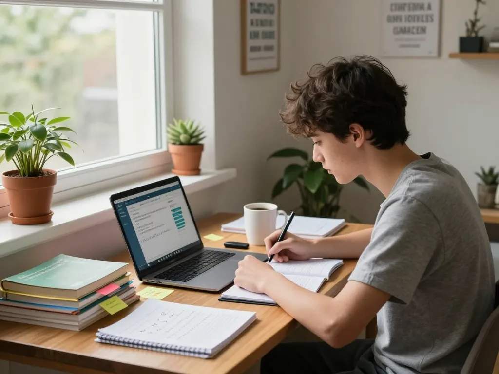 Student, der aktiv mit einem Laptop und einer Hausaufgabenhilfe-App in einer gemütlichen Studier Ecke beschäftigt ist.