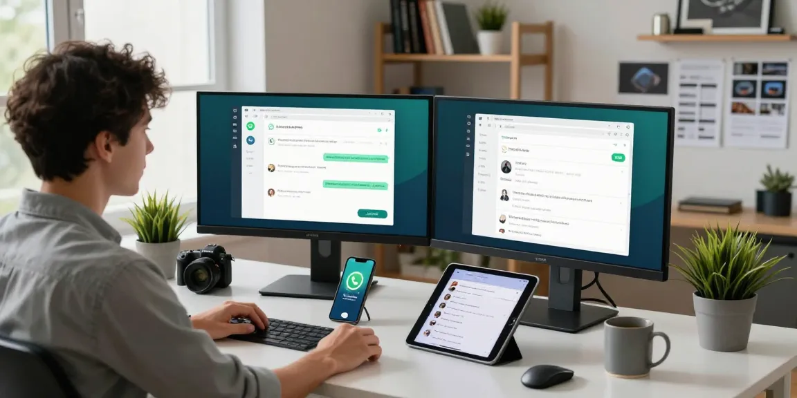 Young professional exploring FM WhatsApp on dual monitors in a modern workspace with tech gadgets and natural light.