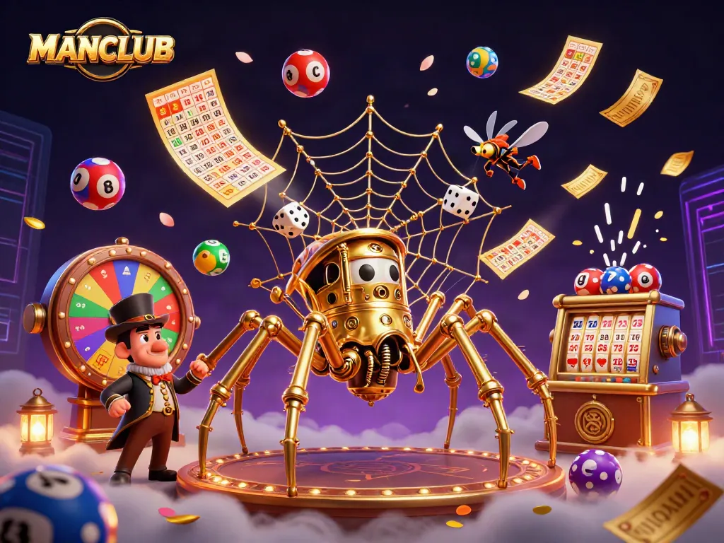 MANCLUB offers thrilling gameplay as a golden spider spins a web of excitement within a vibrant casino scene.