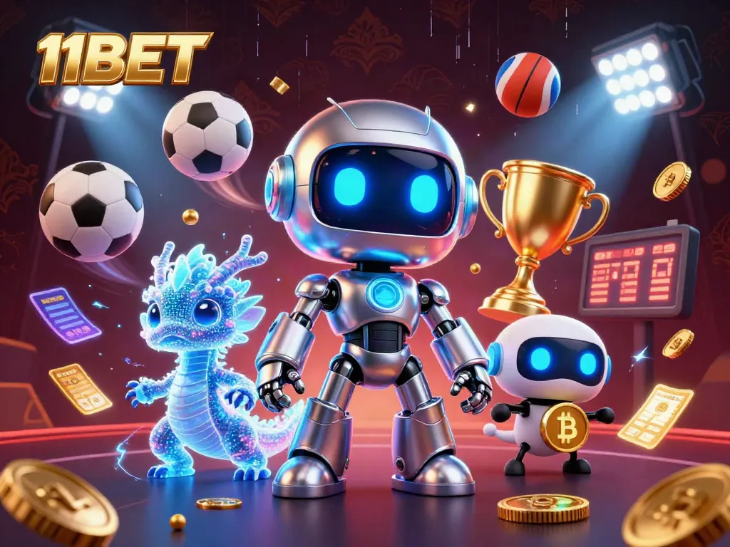 Experience 11BET's dynamic gaming atmosphere with a vibrant 3D illustration of robots and sports elements.