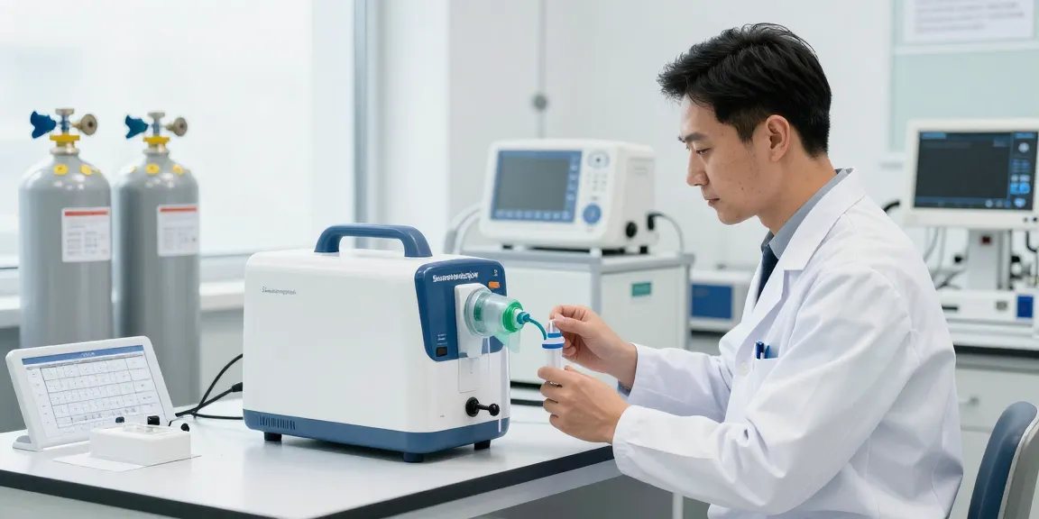 Präziser Sauerstoffanalysator Konzentrator wird von Techniker in medizinischer Umgebung verwendet.