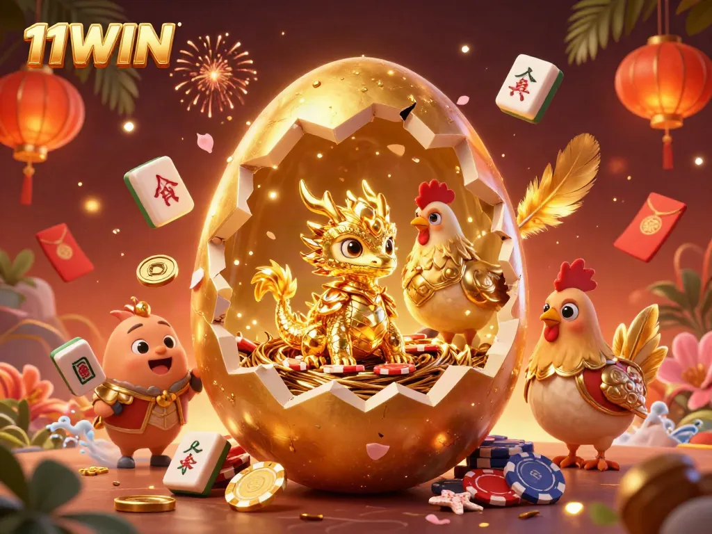 Experience the thrill of 11WIN with vibrant casino elements and a gold dragon as its centerpiece.