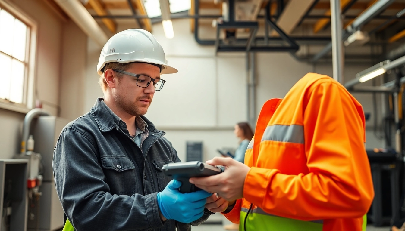 Techniker bei der prüfung ortsveränderlicher elektrischer Betriebsmittel mit modernem Equipment in einem gut beleuchteten Büro.
