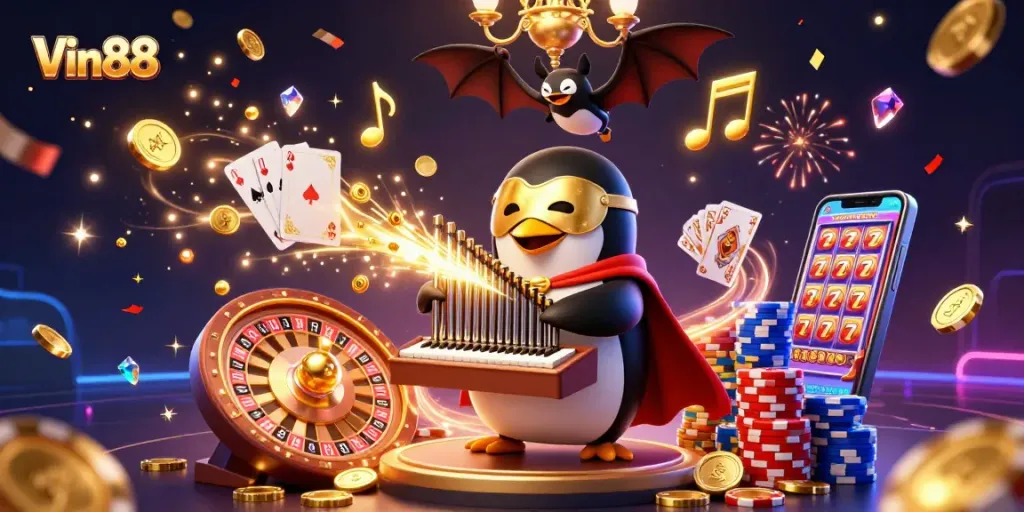 Experience thrilling wins at Vin88 with a lively casino scene featuring vibrant 3D characters.