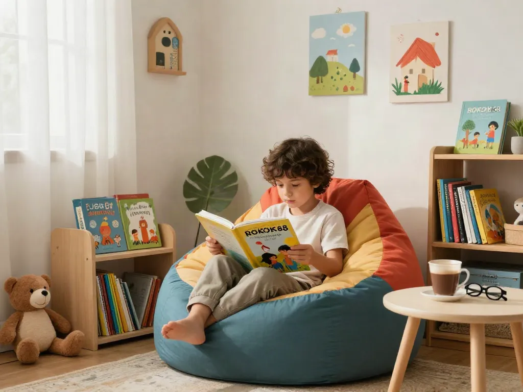 Engaging child in rokok88 login reading storybook in a cozy nook.