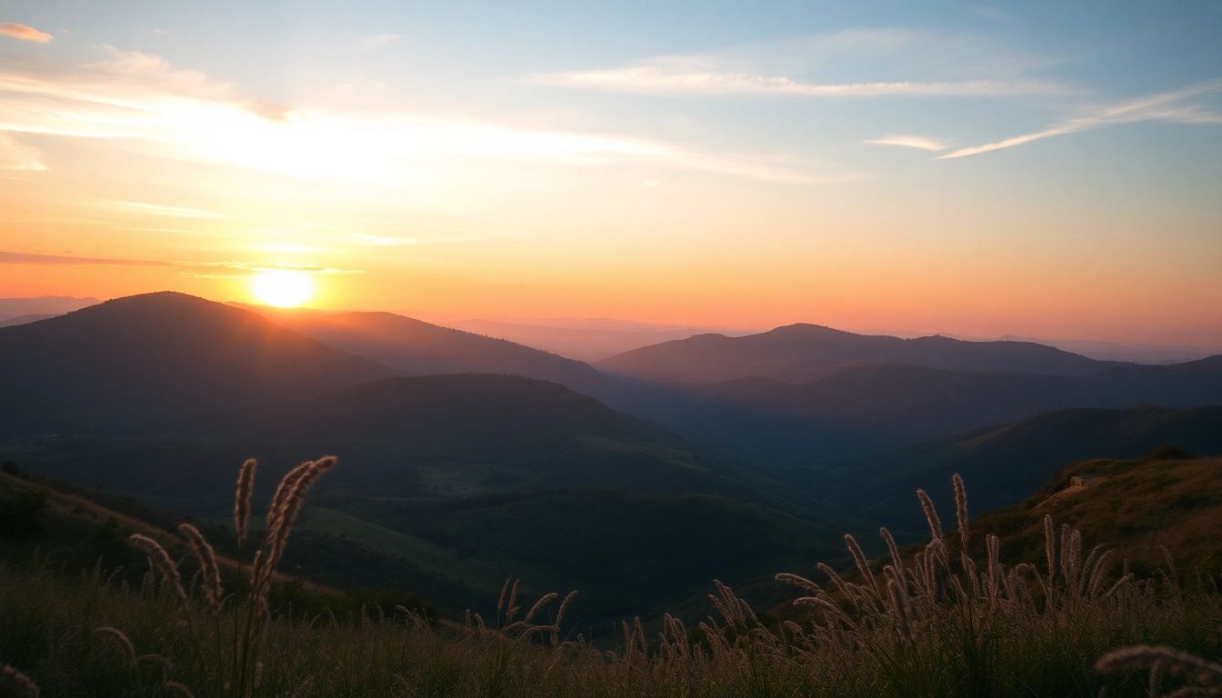 Klima-freundliche Landschaft mit sanften Hügeln und warmen Farbtönen im Sonnenuntergang.