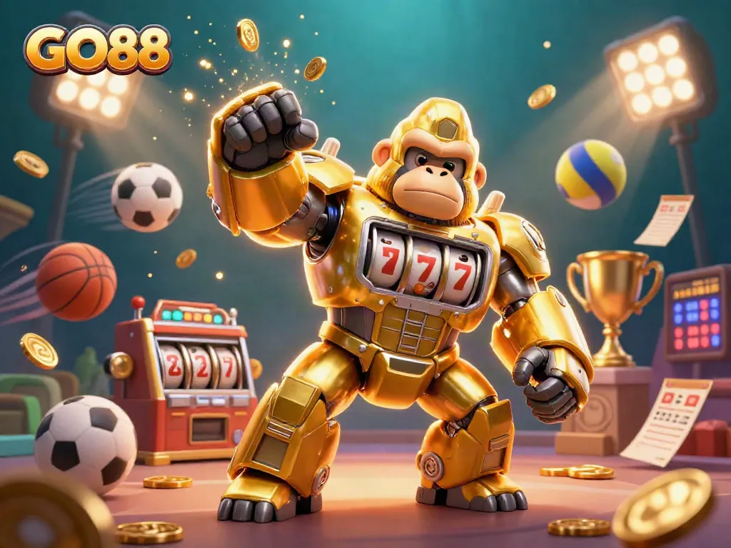 Experience thrilling gameplay at GO88 with vibrant 3D illustrations of an action-packed casino scene.