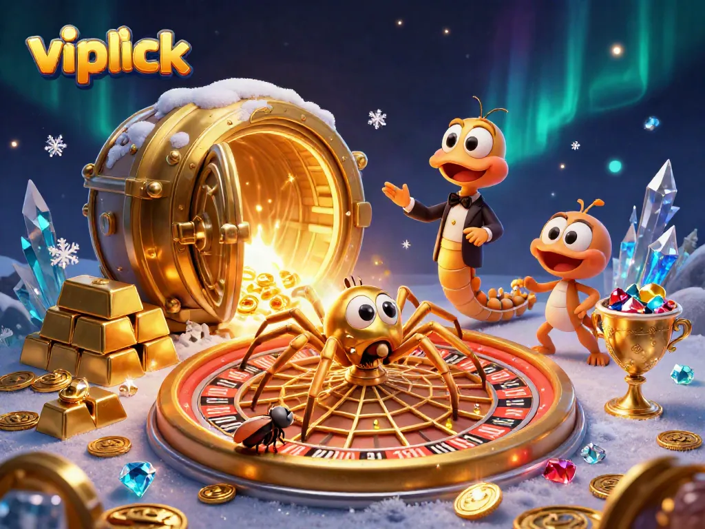 Vipluck spins a captivating golden roulette web with lively characters at a bustling casino scene.