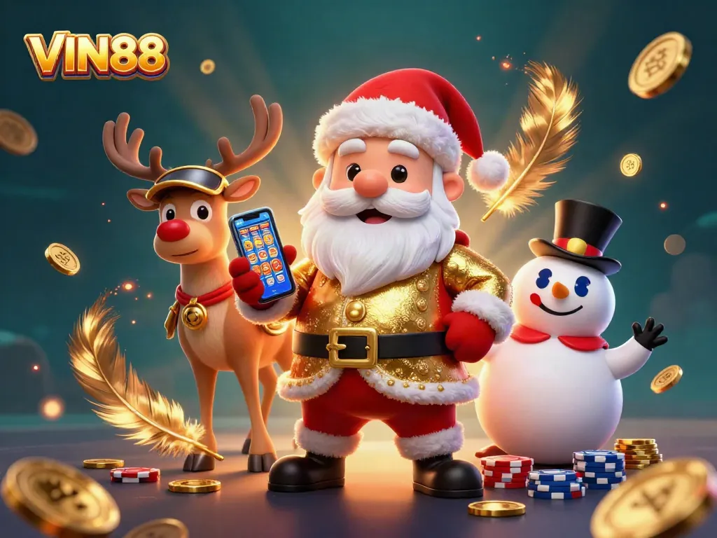 Spin jackpots with VIN88 and join the festive characters in a vibrant casino scene.