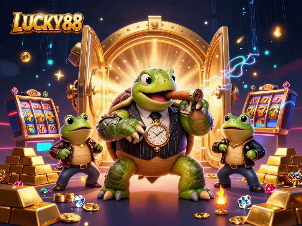 Win big with LUCKY88's vibrant casino scene featuring a turtle and bullfrog enforcers.