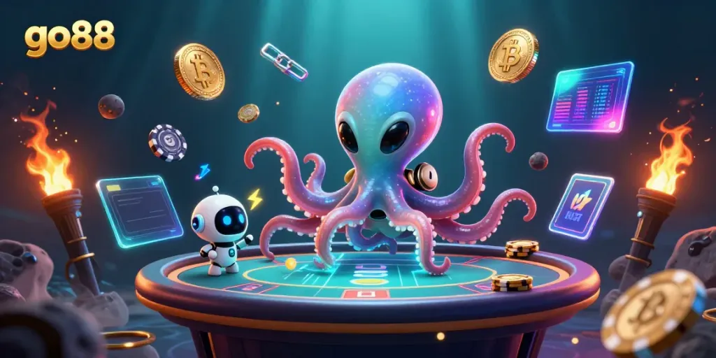 Join the vibrant go88 gaming universe with an alien octopus enjoying poker action.