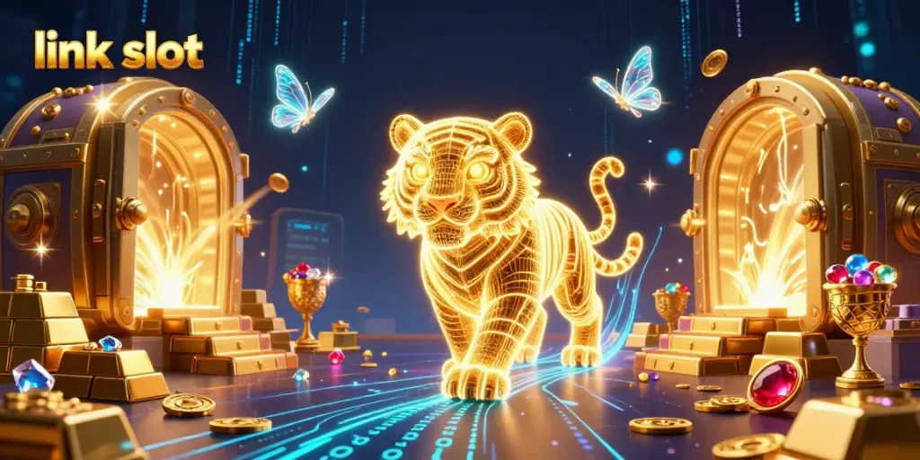 Experience the thrill of link slot in a vibrant 3D casino scene filled with golden treasures and dynamic energy.