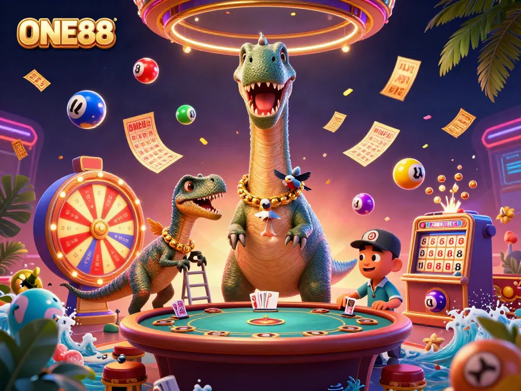 ONE88 provides vibrant casino excitement with cartoon dinosaurs amidst dynamic game elements.