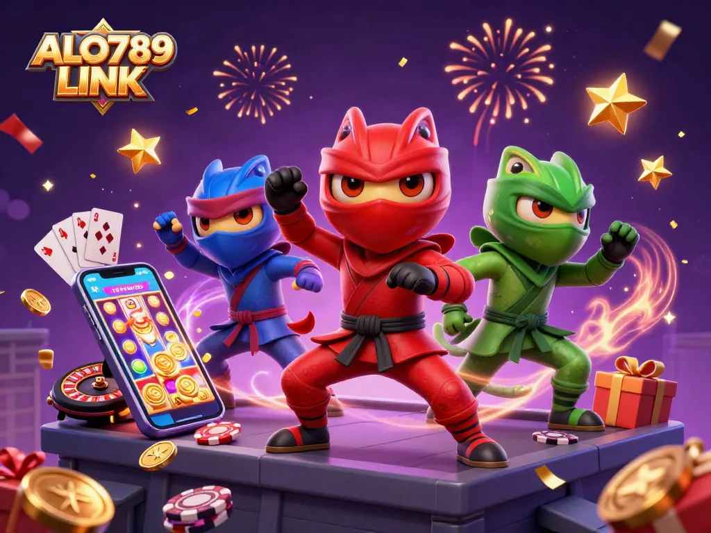 Experience ALO789 LINK with ninja chameleons showcasing dynamic martial arts on a vibrant casino rooftop.