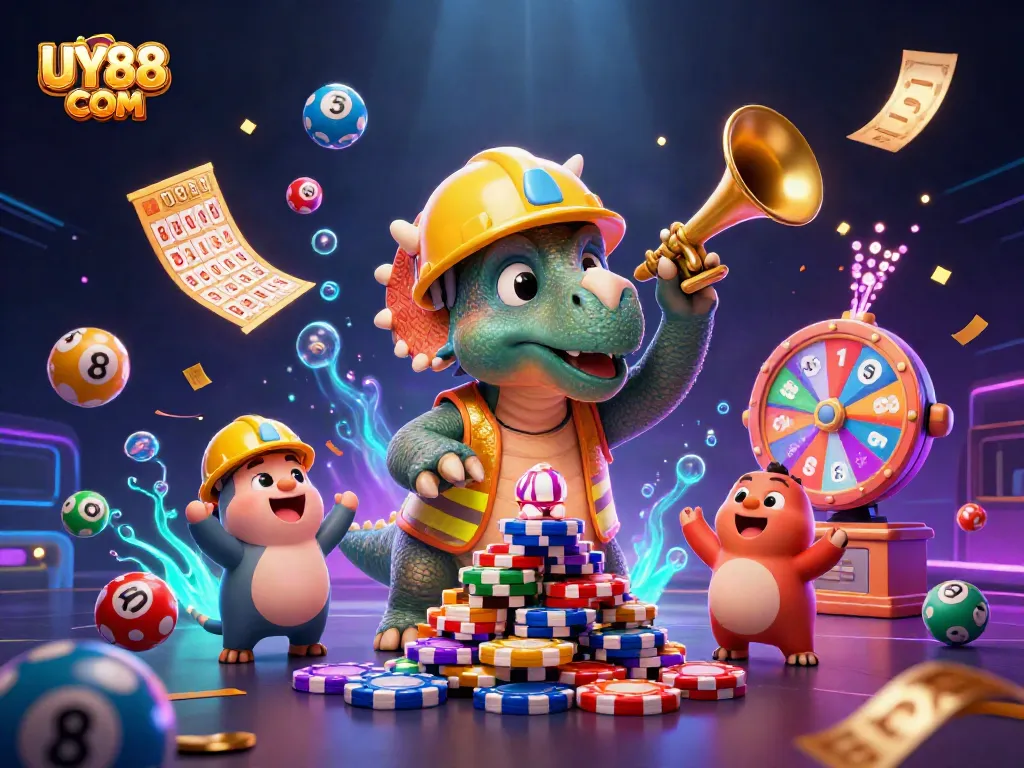 Join UY88 COM in a vibrant celebration of gaming with a triceratops and parasaurolophus amidst dynamic casino elements.