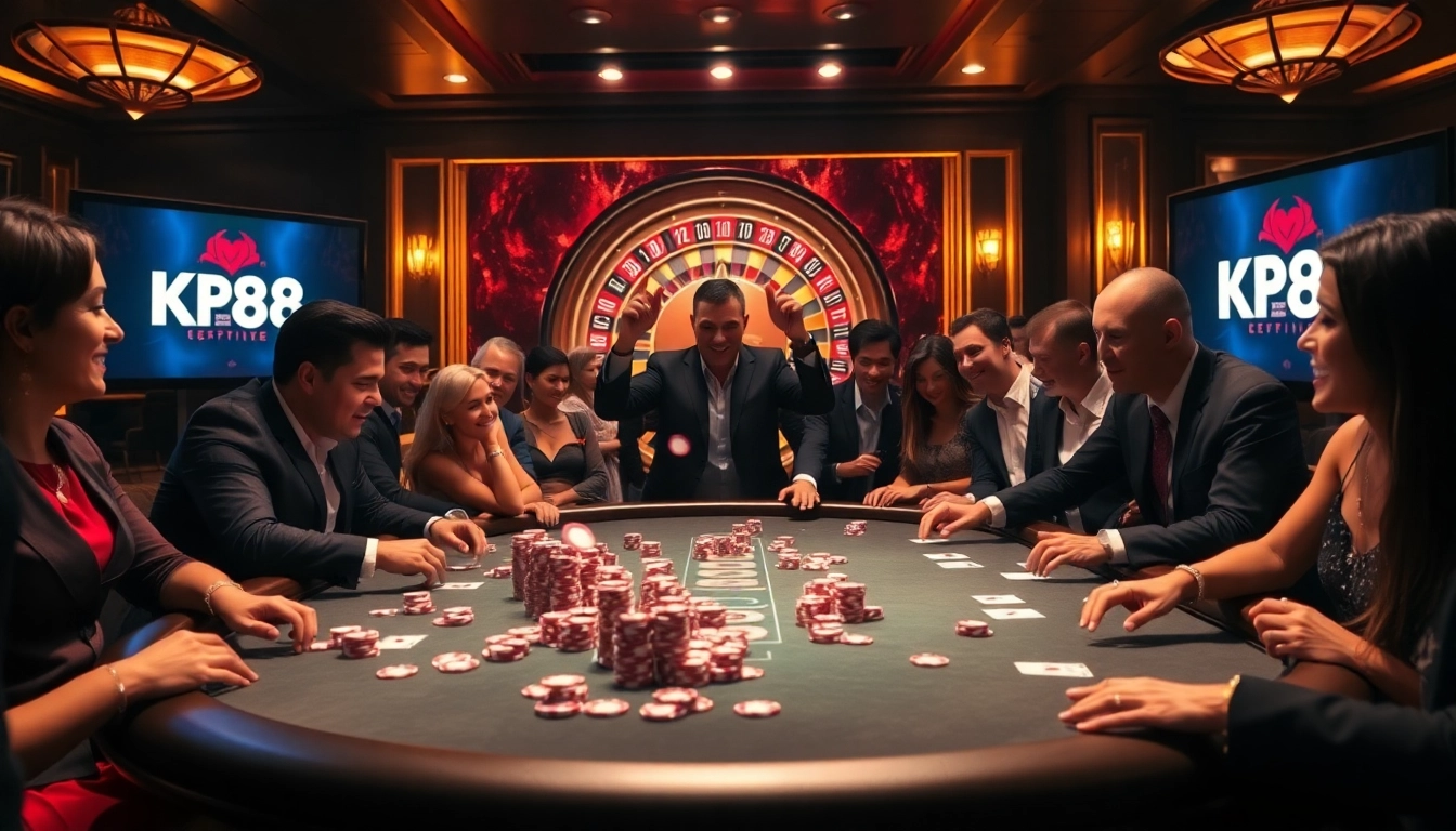 Exciting KP88 casino scene with poker chips, cards, and roulette wheel.