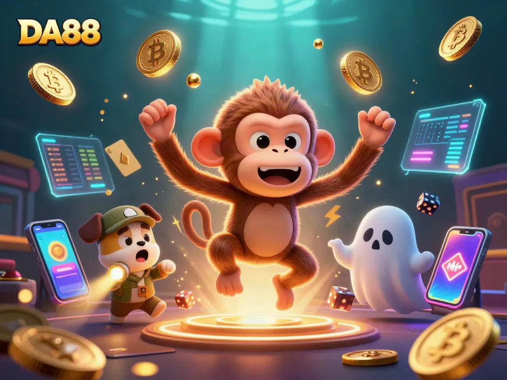Engage with DA88's exciting gaming adventures while the poltergeist monkey juggles golden treasures.