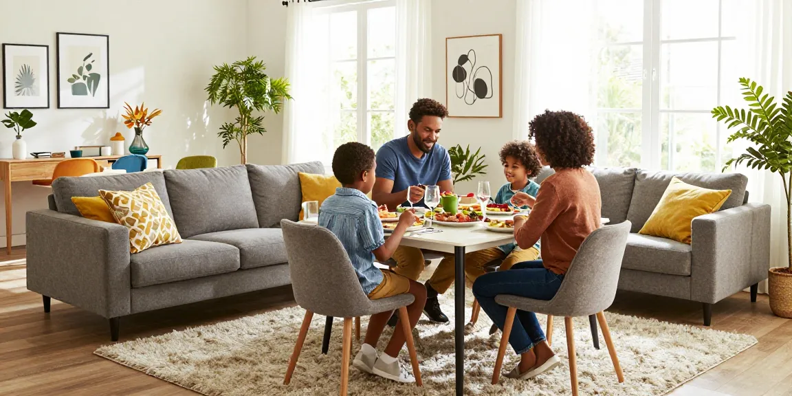 Stilvolles Familiendinner im modernen Wohnzimmer, das Möbel mit Lieferung kaufen hervorhebt.
