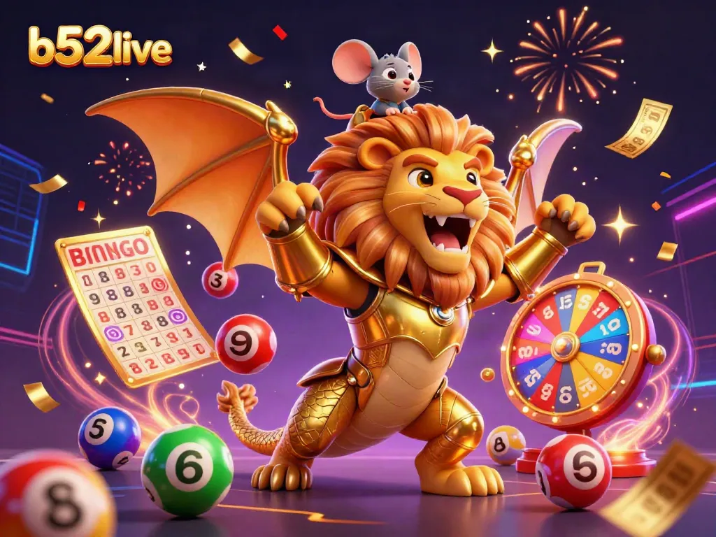 Play exciting games at b52live with a vibrant 3D casino illustration depicting thrilling lottery elements and celebrations.
