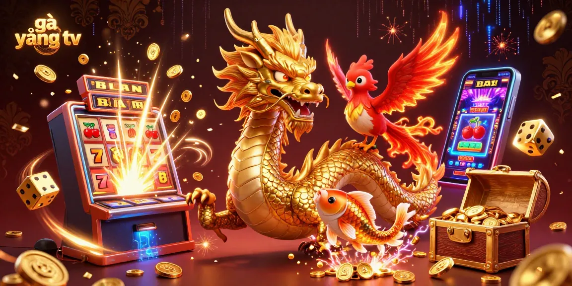 Experience thrilling excitement watching gà vàng tv with a dazzling golden dragon and festive casino elements.