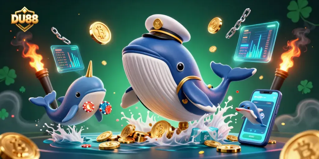 Experience thrilling games at DU88, where a whale and dolphins celebrate amidst coins and crypto.