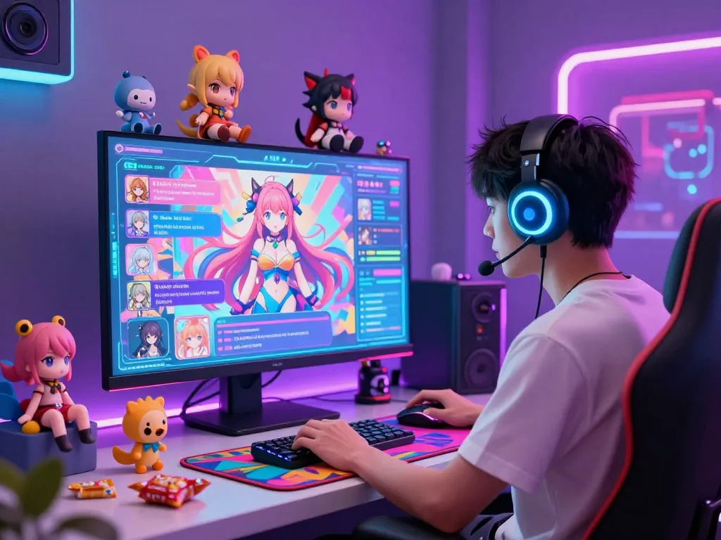 An engaging hentai ai chat scene featuring a user interacting with vibrant anime characters on a high-tech digital interface in a cozy gaming setup.