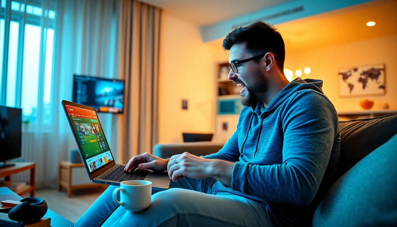 Ein Wettspieler genießet die Spannung von sportwetten online mit einem Laptop und Sportrequisiten im Raum.