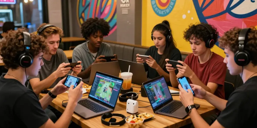 Friends enjoying rokok88 mobile gaming in a vibrant café atmosphere with colorful merchandise.