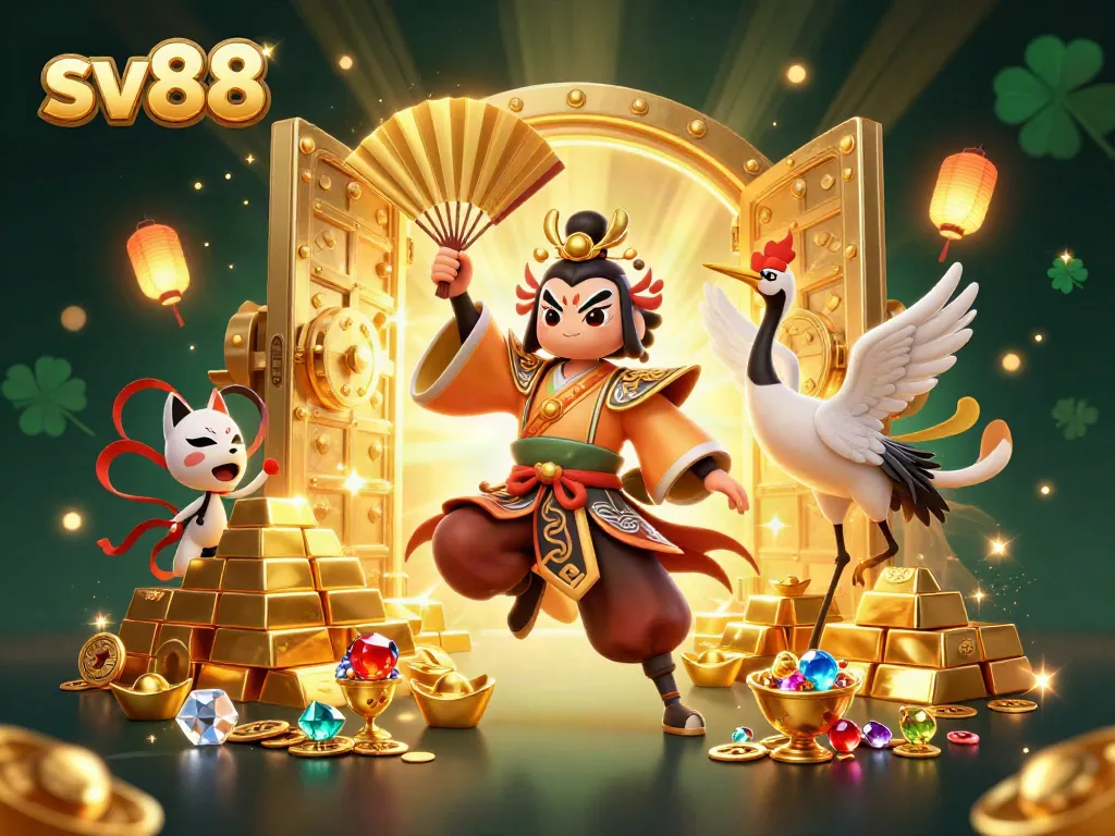 Engage with sv88’s vibrant online casino world, featuring a kabuki warrior and dazzling treasures.