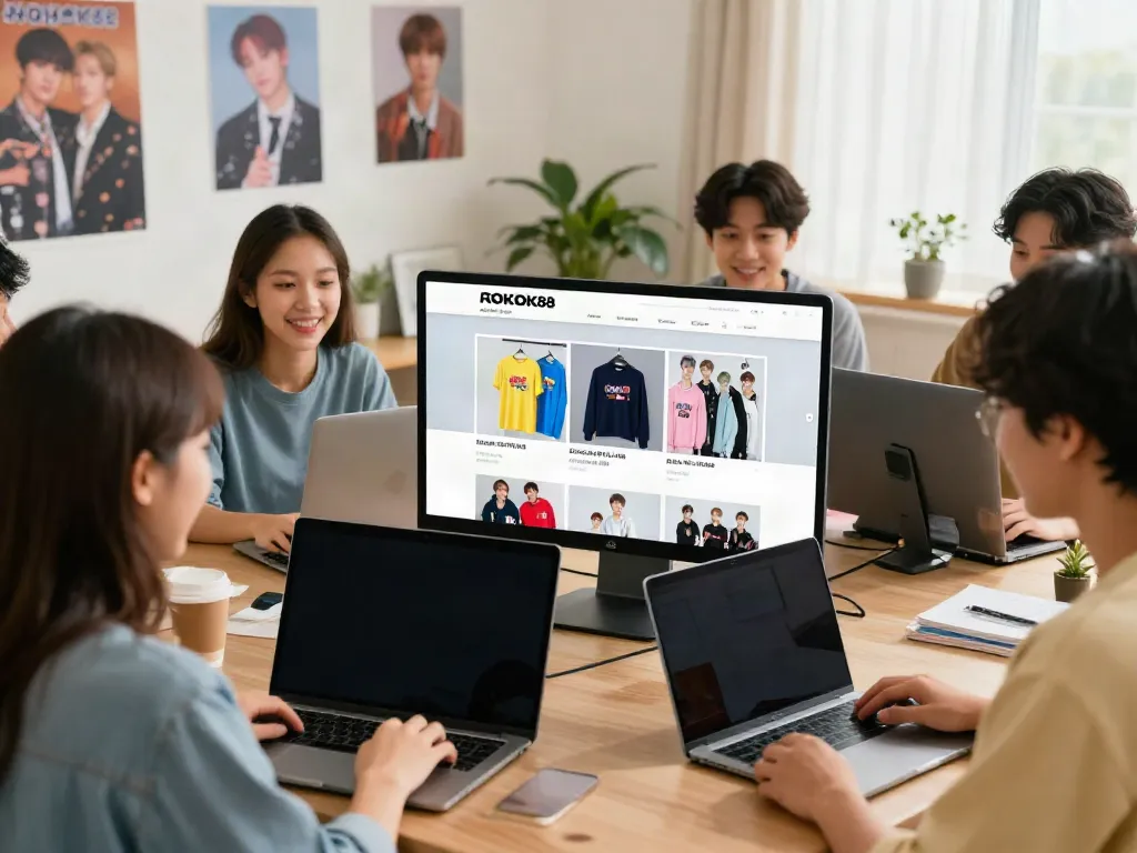 Fans exploring rokok 88 BTS merchandise online in a cozy environment.