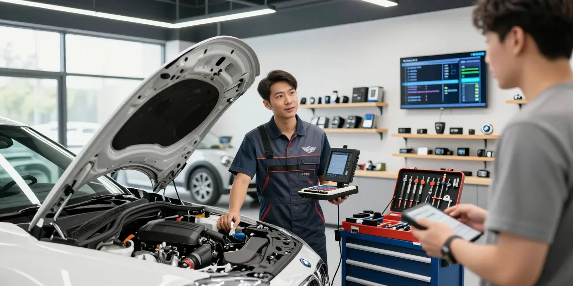 Professionelle BMW Werkstatt Hannover mit Techniker, der Diagnosegeräte nutzt