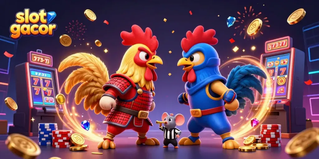 Engage with slot gacor action featuring cartoon roosters in an energetic showdown surrounded by casino elements.