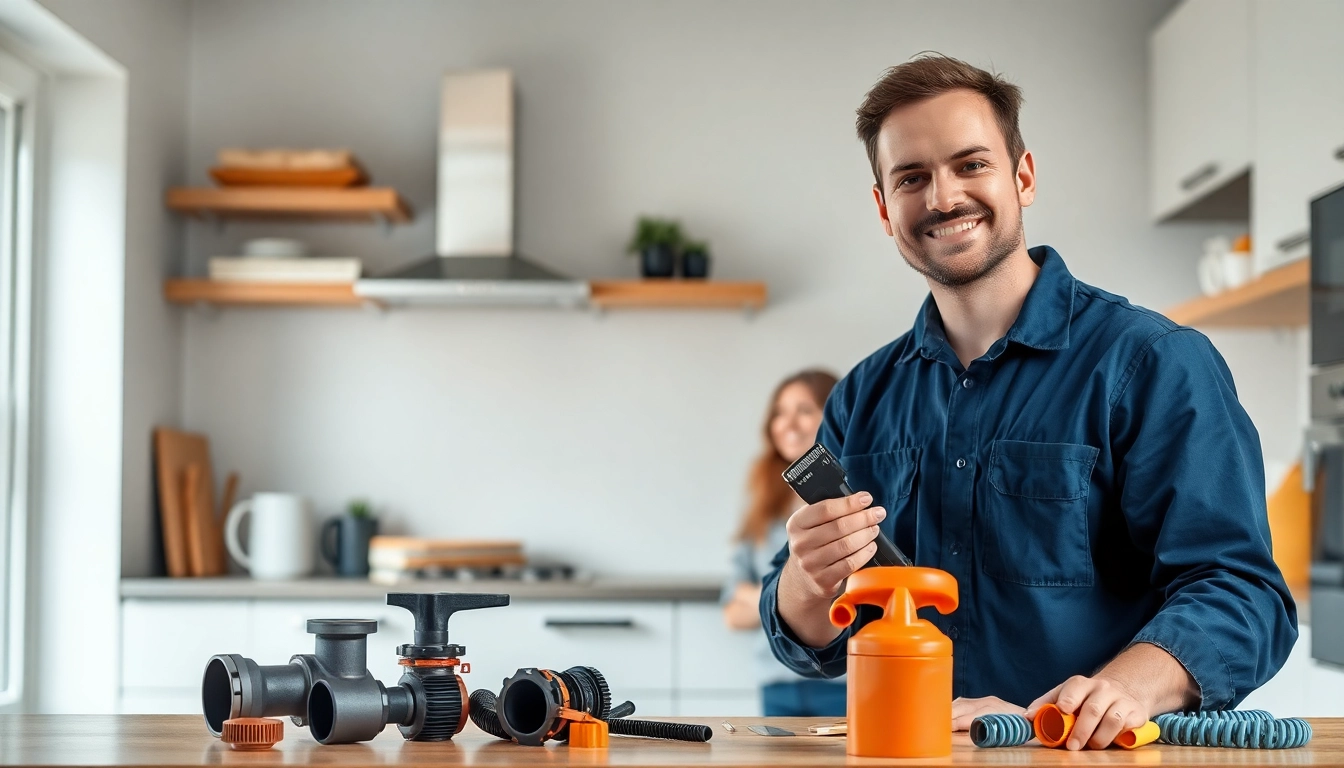 Techniker des Sanitär Notdienstes, der in einer modernen Küche eine Notfallreparatur durchführt.