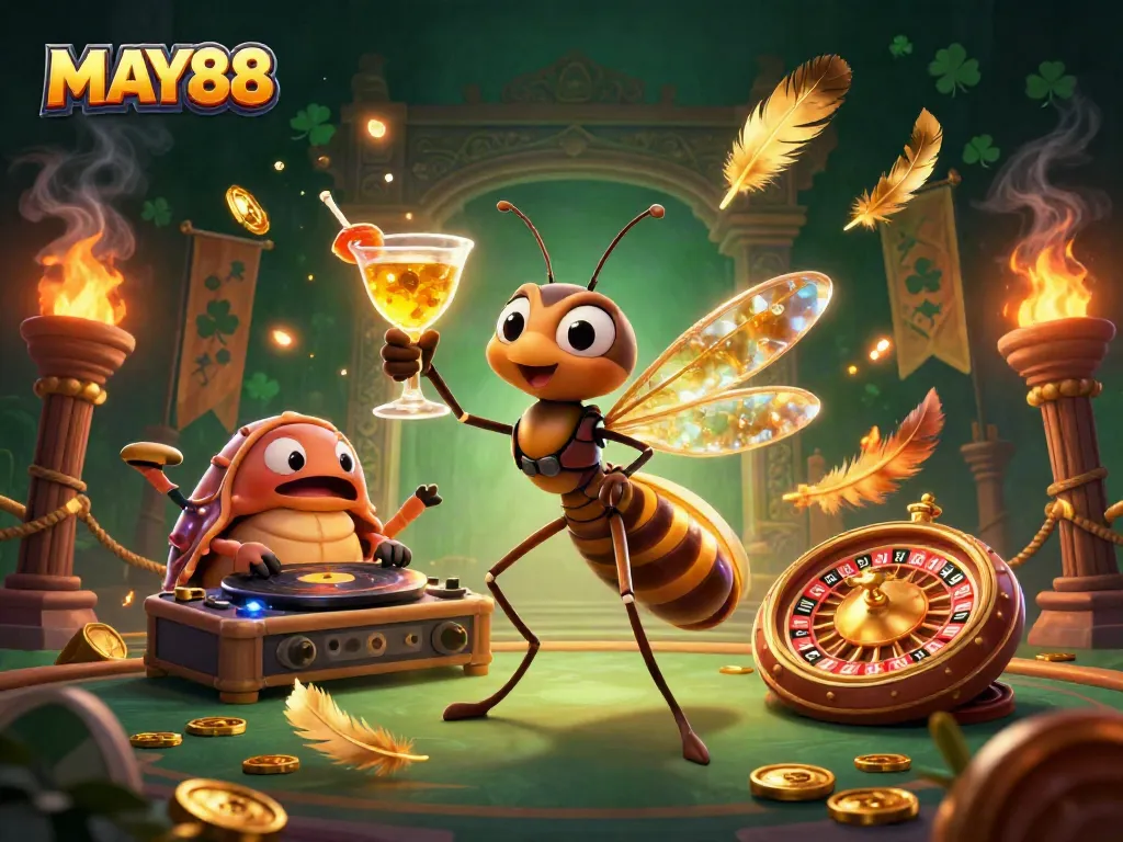 MAY88 showcases an energetic casino scene featuring a frozen mosquito mascot and trilobite DJ.