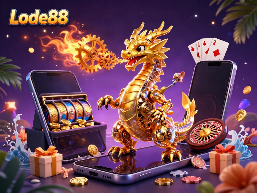 Experience thrilling moments with Lode88's animated dragon breathing gears amidst vibrant casino games.