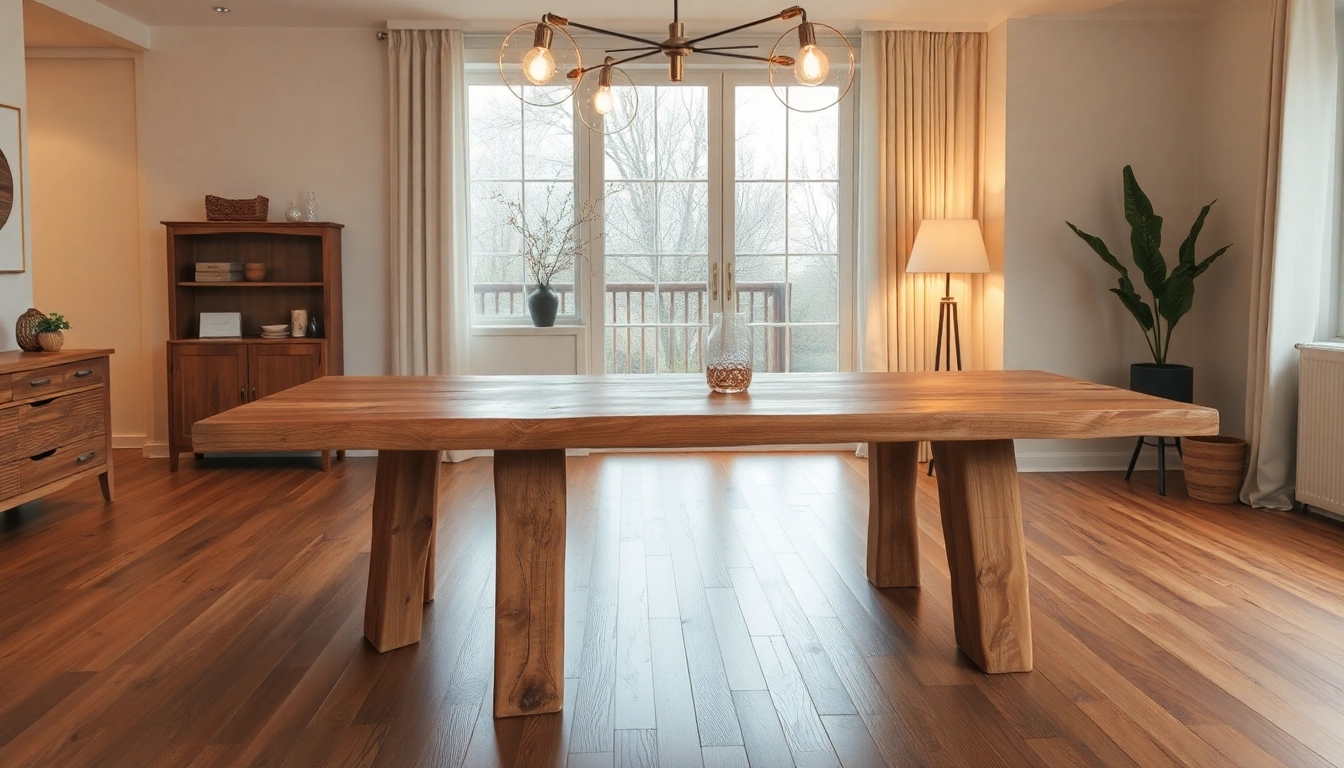 Eleganter Esstisch Eiche mit Baumkante in modernem Esszimmer-Setting.