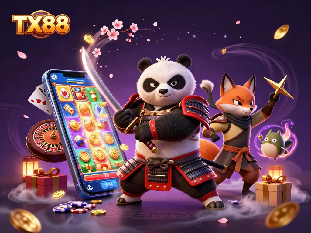 Engage in thrilling gaming experiences with TX88's dynamic 3D casino illustration, featuring vibrant characters and colorful game elements.