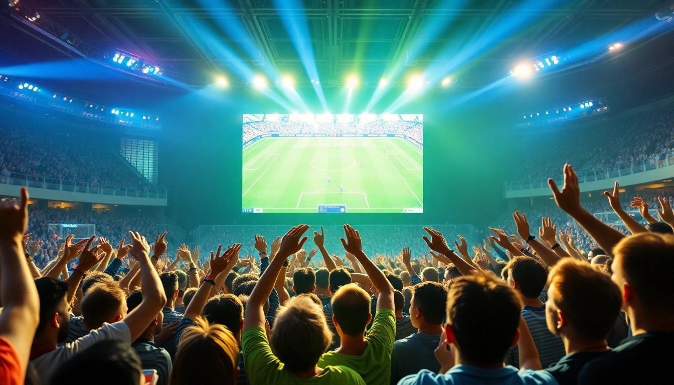 Erleben Sie aufregende Sportwetten ohne lugas bei einem großen Event mit jubelnden Fans, die auf einem Bildschirm das Geschehen verfolgen.