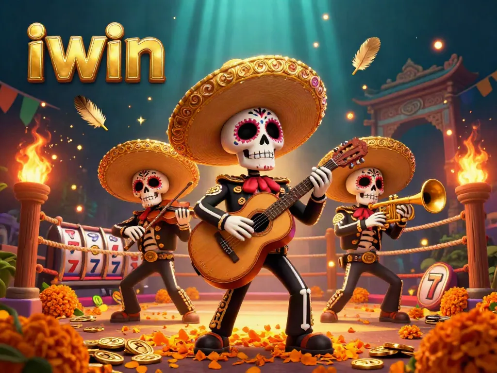 iwin showcases dynamic casino excitement with a vibrant mariachi band surrounded by slot reels and gold coins.