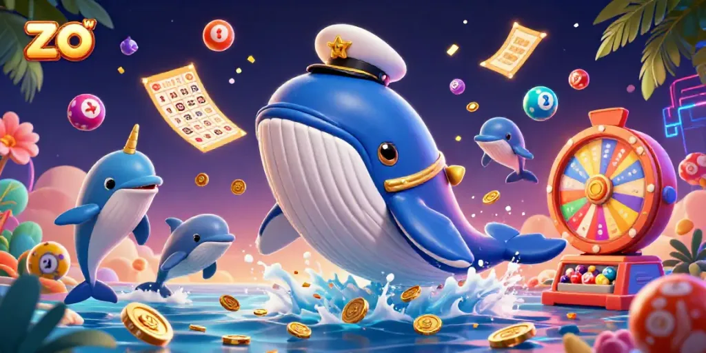 Experience excitement with the zo win scene featuring a cartoon whale, narwhal, and dolphins around casino elements.