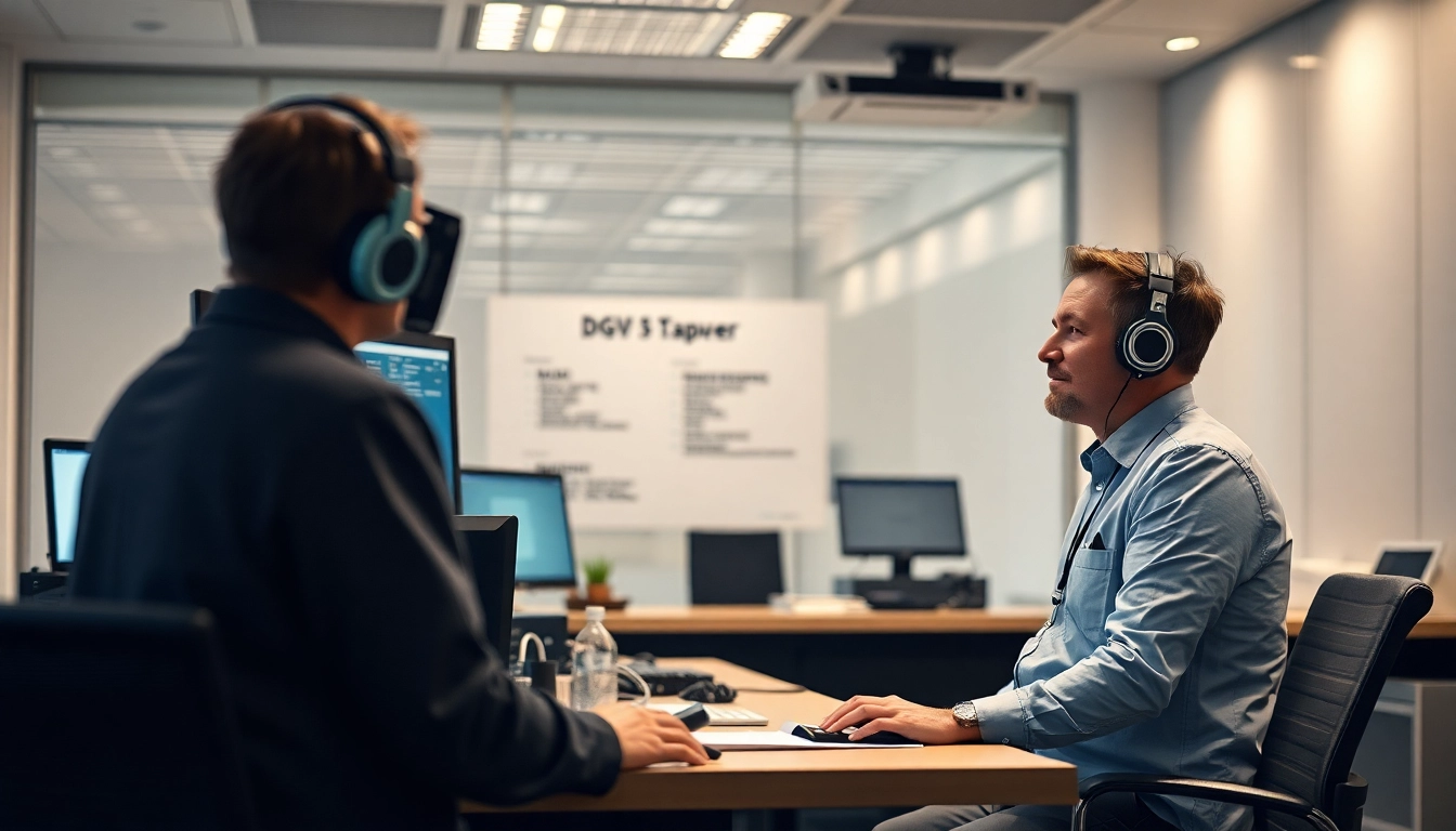 Durchführung einer sicheren DGUV V3 Prüfung mit einem Prüfer, der elektrische Geräte in einem modernen Büro inspiziert.
