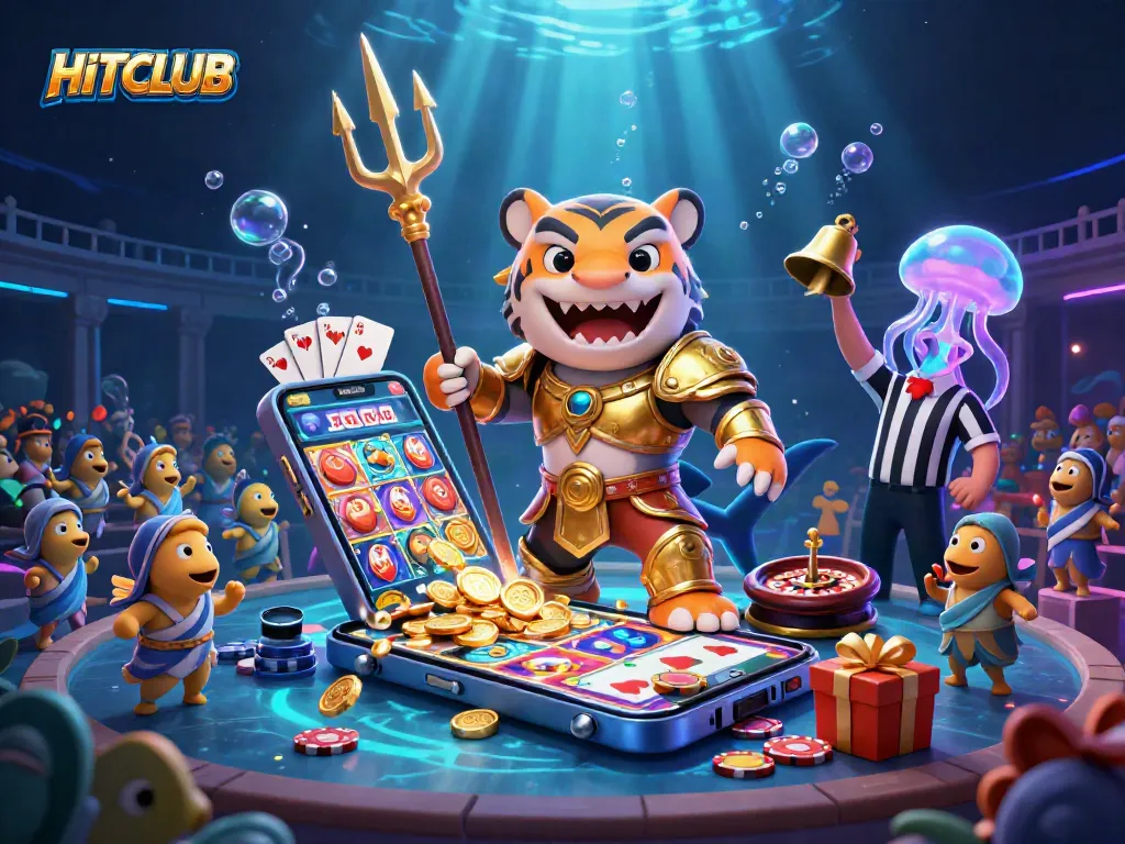 Experience thrilling gameplay at HITCLUB with a vibrant underwater casino scene featuring slots, sharks, and excitement.