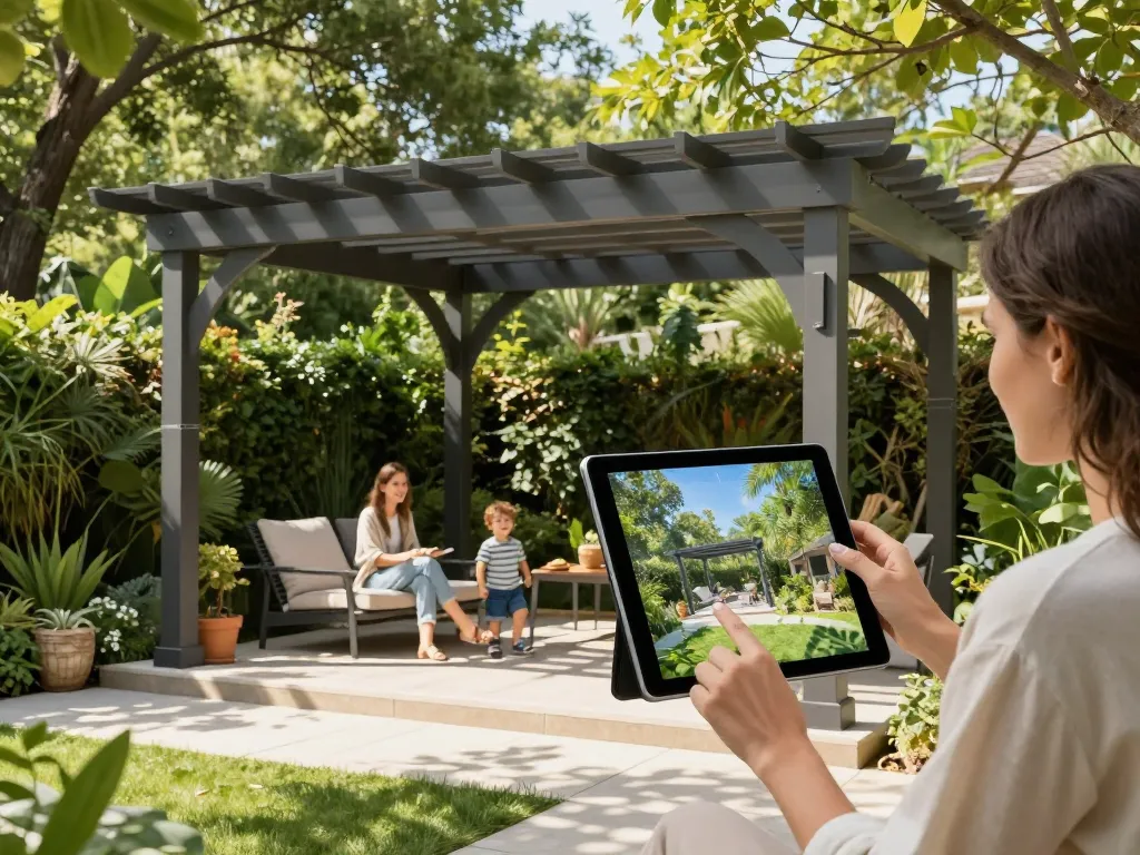 Pergola Konfigurator 3D, der eine interaktive Anpassungserfahrung in einer ruhigen Gartenumgebung zeigt.