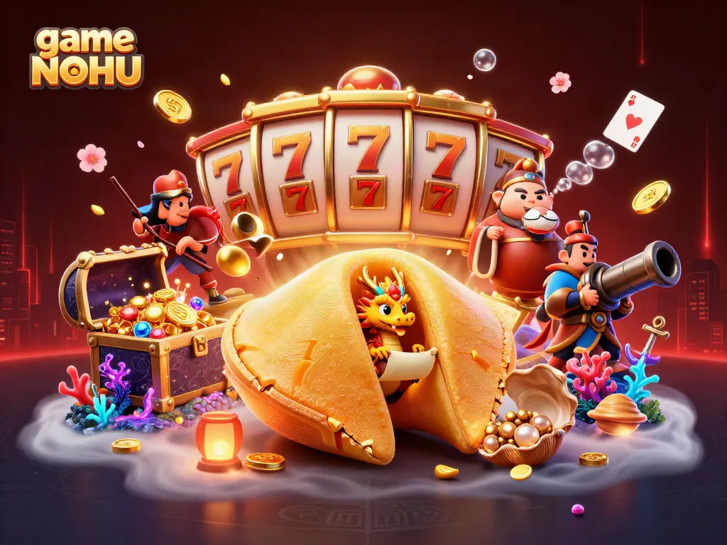 Win big with game NOHU featuring dynamic casino elements and vibrant characters in a rich 3D illustration.
