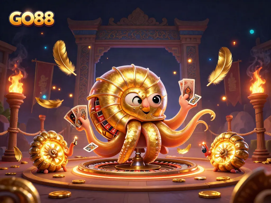 Engage in thrilling gaming at GO88, featuring a vibrant 3D nautilus roulette and dynamic casino elements.