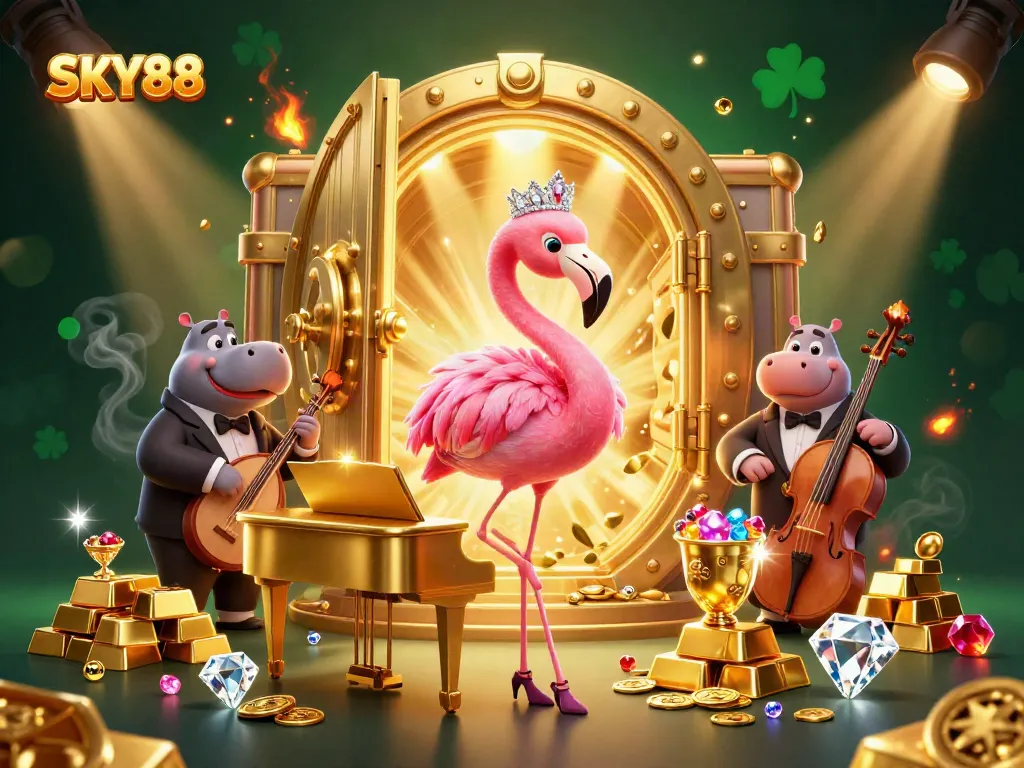 Experience exciting games at SKY88 with vibrant atmosphere, 3D characters, and gold treasures.