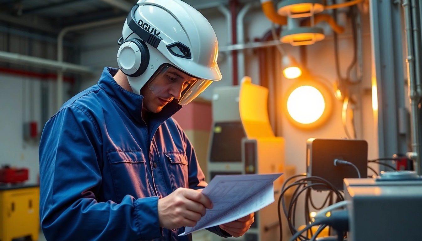 Fachmann bei der DGUV V3 Prüfung elektrischer Geräte in einer modernen Werkstatt.
