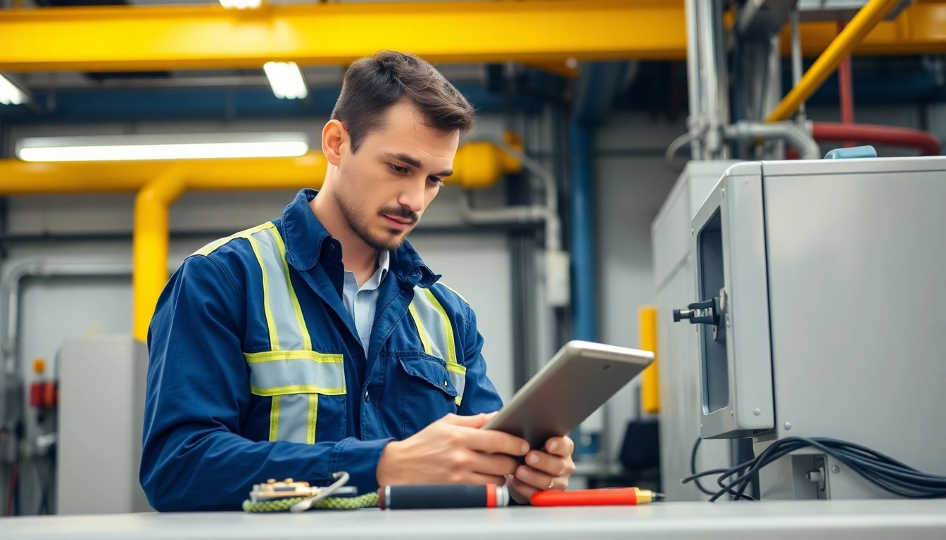 Technician performing prüfung ortsveränderlicher elektrischer betriebsmittel on equipment with safety tools in a bright industrial environment.