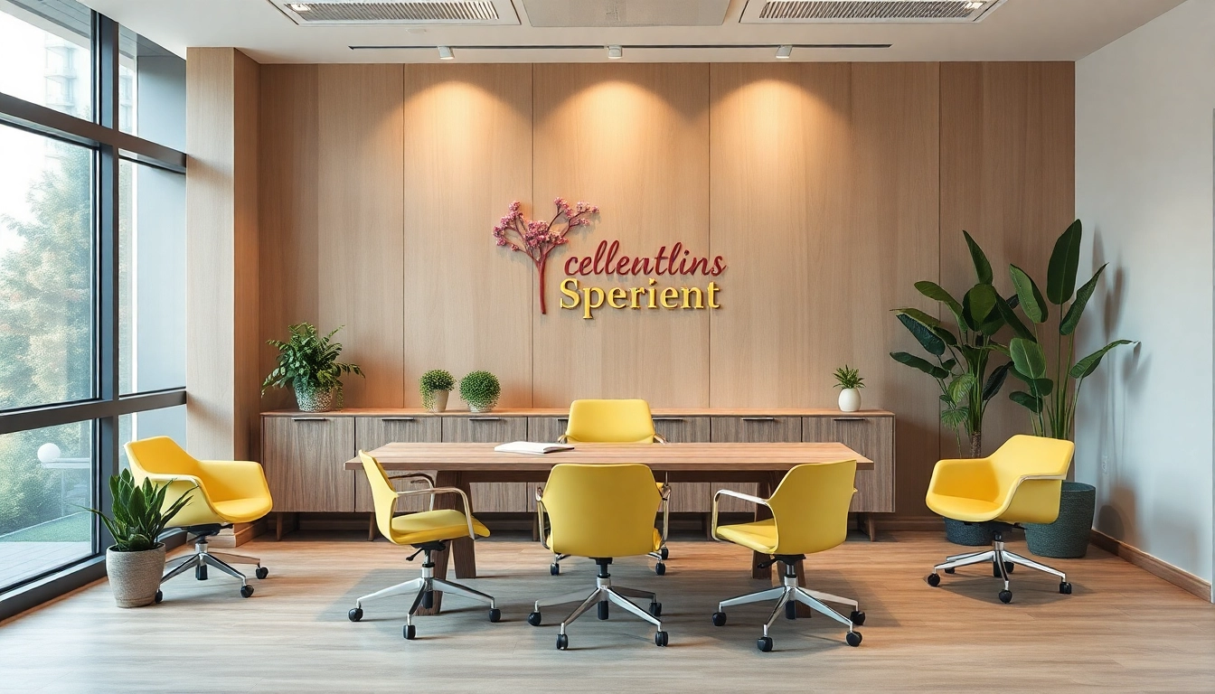 Elegantes Bürointerior mit modernen Büromöbeln, inklusive stilvollem Schreibtisch und ergonomischen Stühlen.